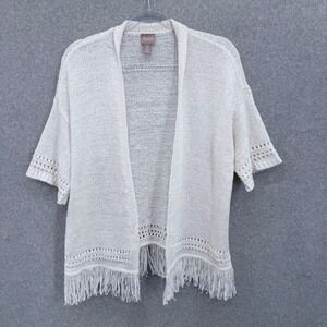 Chicos Ivory Open Knit Fringe Cardigan Short Sleeve Eyelet Shrug Size 2 Large